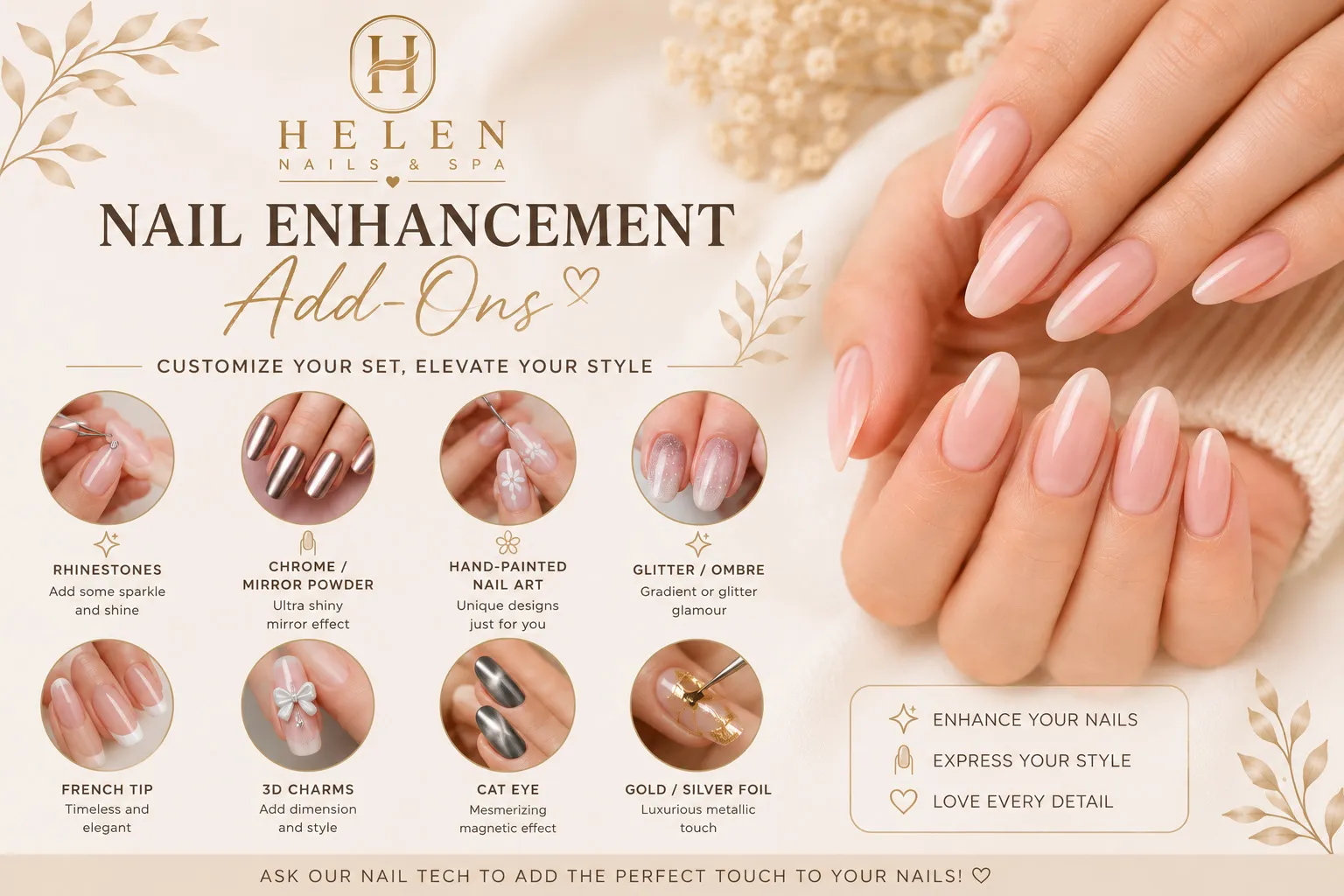 Nail enhancement add-on options at Helen Nails & Spa nail salon Jersey City